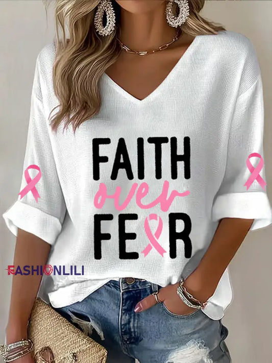 Women’s Breast Cancer Awareness Pink Ribbon Faith Over Fear Printed V Neck Top White / S