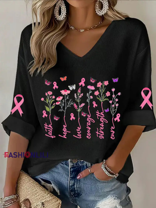 Women’s Breast Cancer Awareness Pink Ribbon Faith Printed V Neck Top Black / S