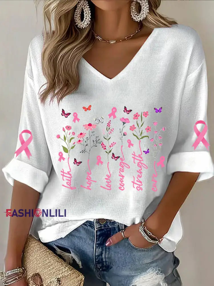 Women’s Breast Cancer Awareness Pink Ribbon Faith Printed V Neck Top White / S