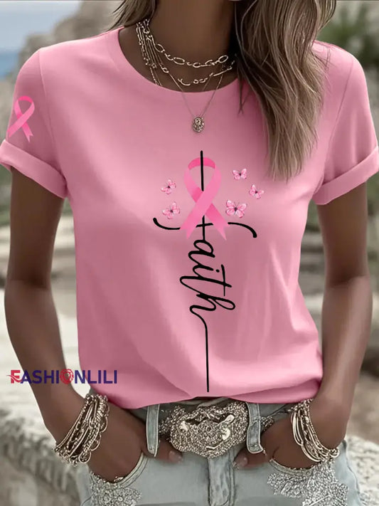 Women’s Breast Cancer Awareness Pink Ribbon Faith Short Sleeve T shirt Pink / S