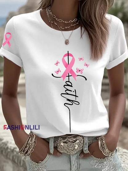 Women’s Breast Cancer Awareness Pink Ribbon Faith Short Sleeve T shirt White / S