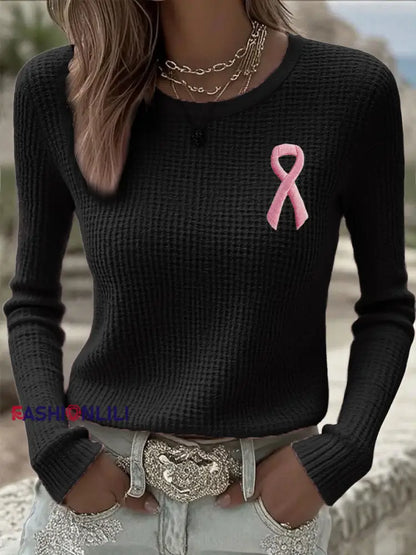 Women’s Breast Cancer Awareness Pink Ribbon Long Sleeve T-Shirts Black / S