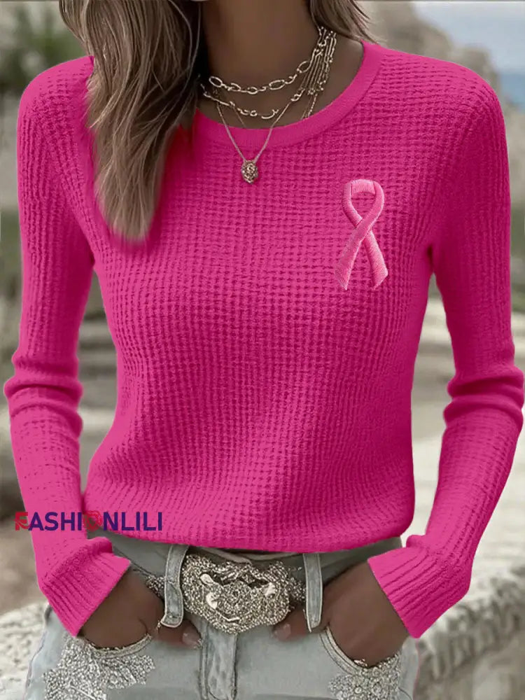 Women’s Breast Cancer Awareness Pink Ribbon Long Sleeve T-Shirts Dark Pink / S