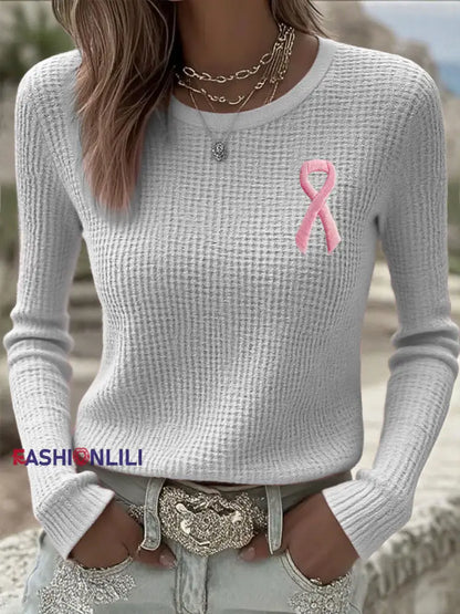 Women’s Breast Cancer Awareness Pink Ribbon Long Sleeve T-Shirts Light Gray / S