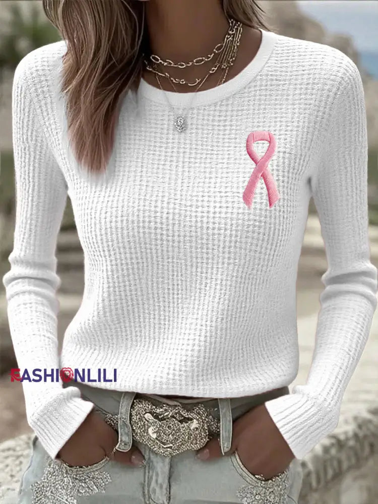 Women’s Breast Cancer Awareness Pink Ribbon Long Sleeve T-Shirts White / S
