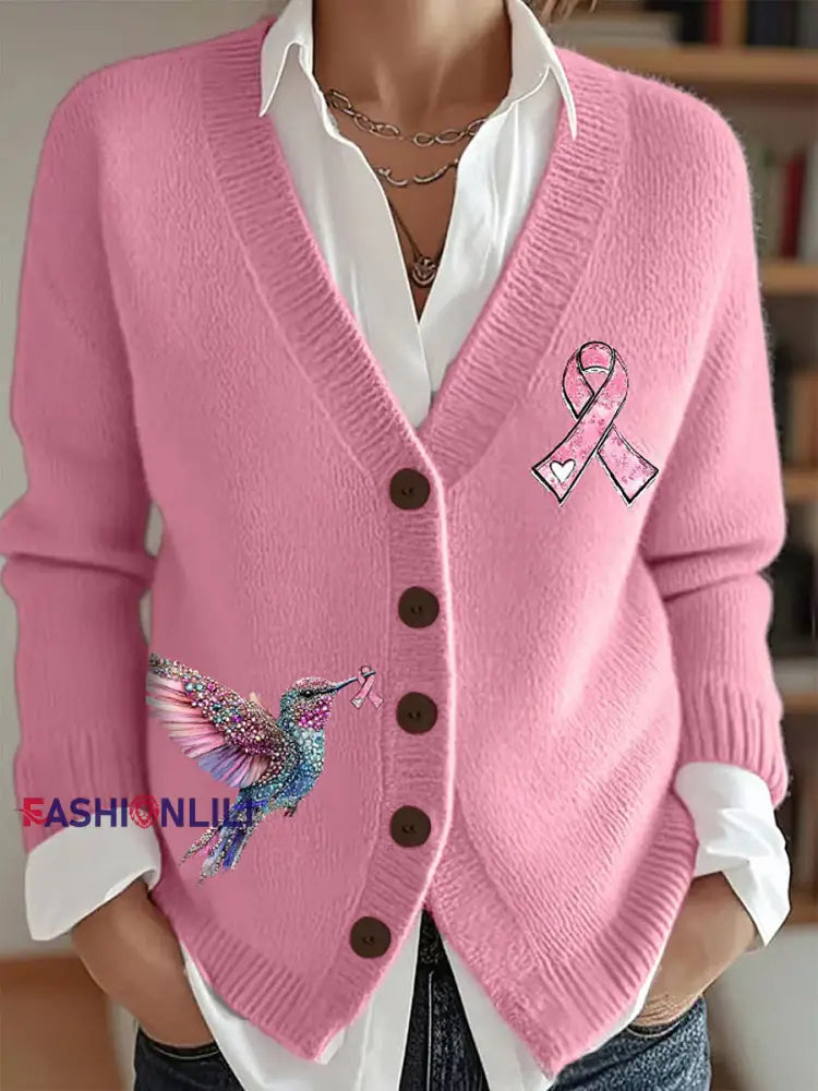 Women’s Breast Cancer Awareness Pink Ribbon Print Casual Cardigan Pink / S