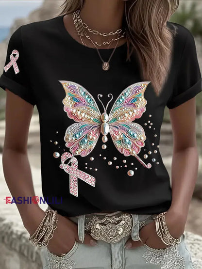 Women’s Breast Cancer Awareness Pink Ribbon Print Casual T shirt Black / S