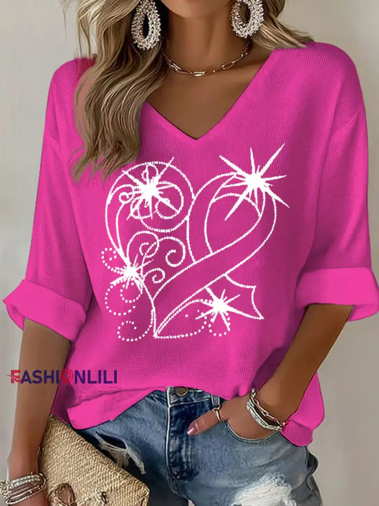 Women’s Breast Cancer Awareness Pink Ribbon Print Casual T shirt Rose Red / S