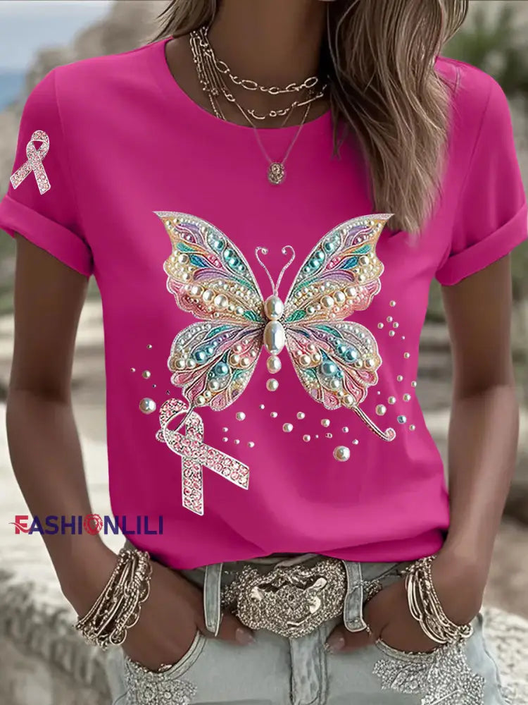 Women’s Breast Cancer Awareness Pink Ribbon Print Casual T shirt Rose Red / S
