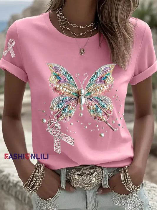 Women’s Breast Cancer Awareness Pink Ribbon Print Casual T shirt Pink / S