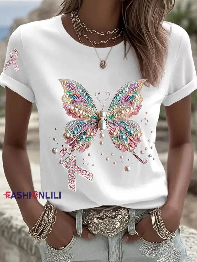 Women’s Breast Cancer Awareness Pink Ribbon Print Casual T shirt White / S
