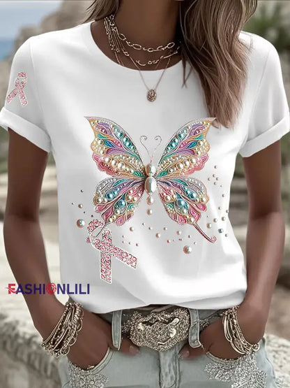 Women’s Breast Cancer Awareness Pink Ribbon Print Casual T shirt White / S