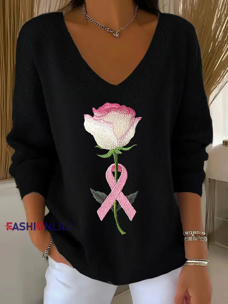 Women’s Breast Cancer Awareness Pink Ribbon Print Casual Top Black / S