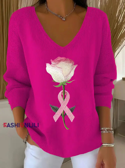 Women’s Breast Cancer Awareness Pink Ribbon Print Casual Top Rose Red / S