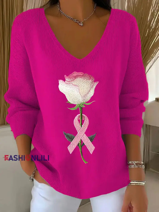 Women’s Breast Cancer Awareness Pink Ribbon Print Casual Top Rose Red / S