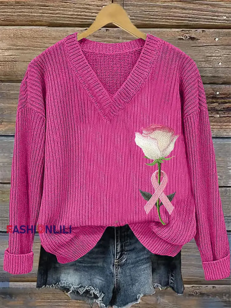 Women’s Breast Cancer Awareness Pink Ribbon Print Casual Top Rose Red / S