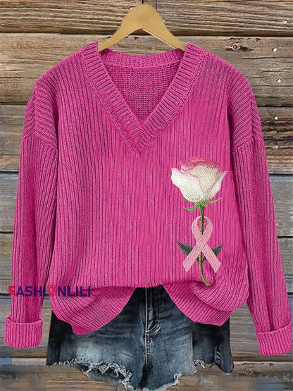 Women’s Breast Cancer Awareness Pink Ribbon Print Casual Top Rose Red / S