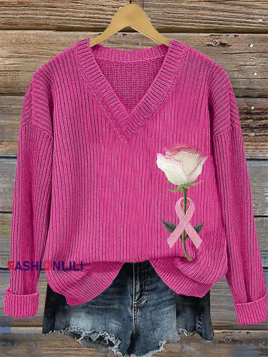Women’s Breast Cancer Awareness Pink Ribbon Print Casual Top Rose Red / S