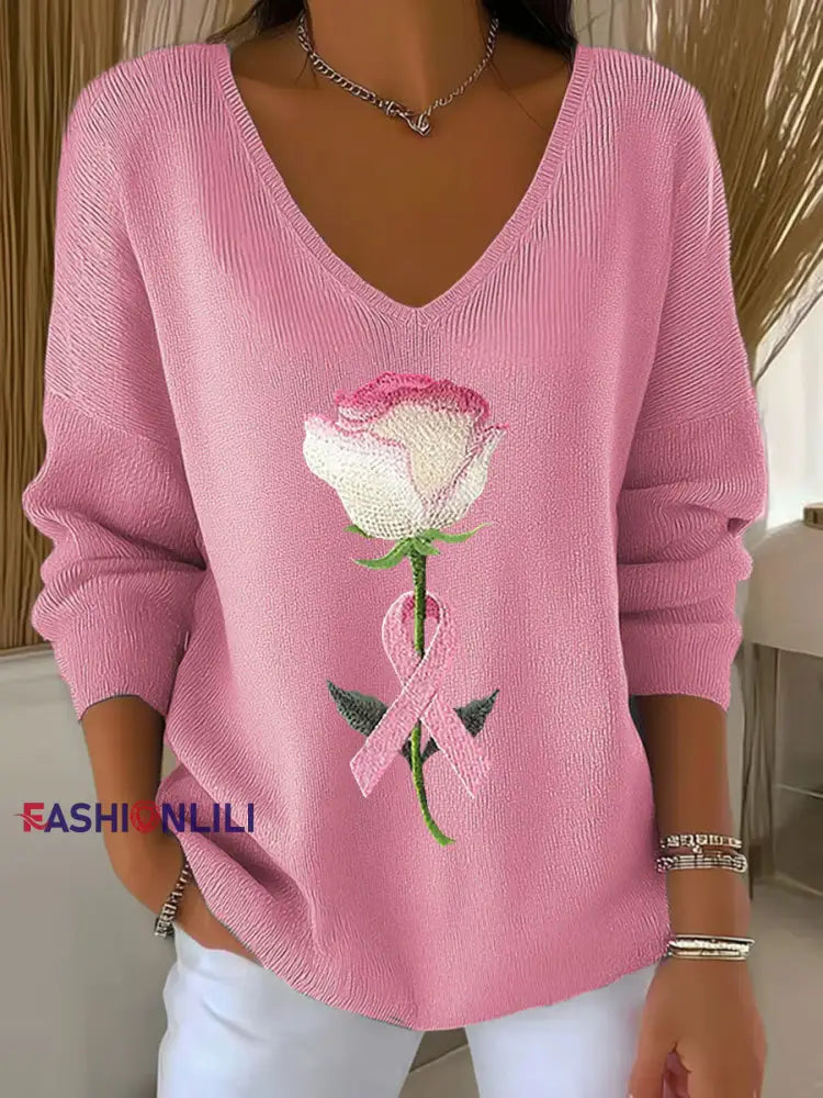 Women’s Breast Cancer Awareness Pink Ribbon Print Casual Top Pink / S