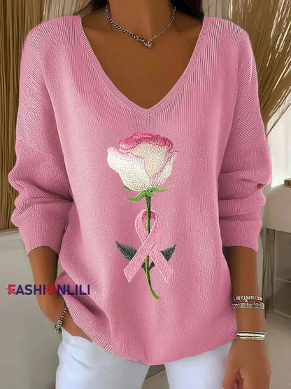 Women’s Breast Cancer Awareness Pink Ribbon Print Casual Top Pink / S