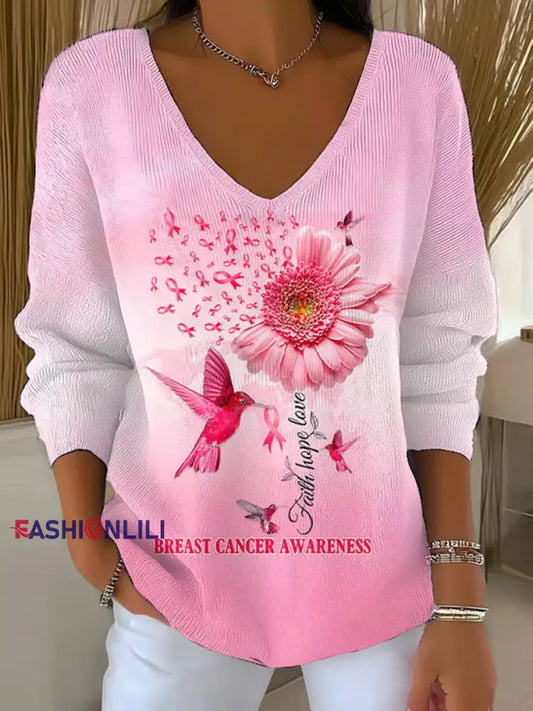 Women’s Breast Cancer Awareness Pink Ribbon Print Casual Top Pink / S