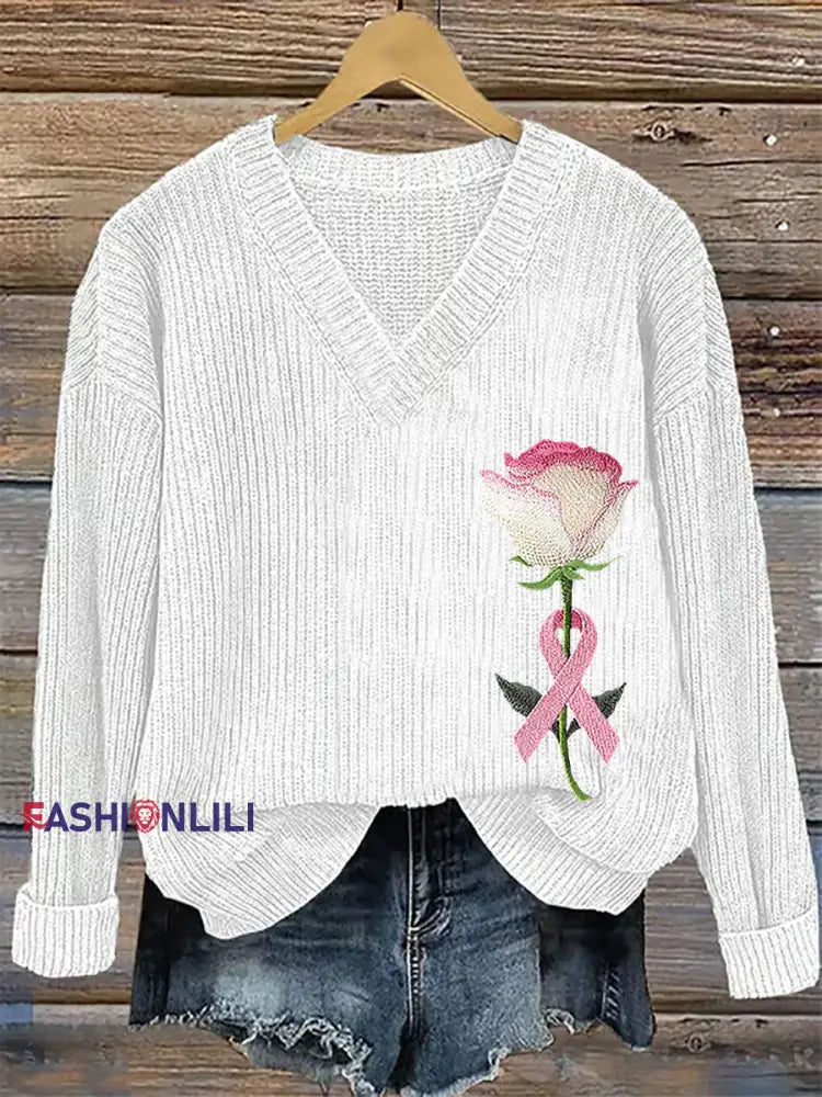 Women’s Breast Cancer Awareness Pink Ribbon Print Casual Top White / S