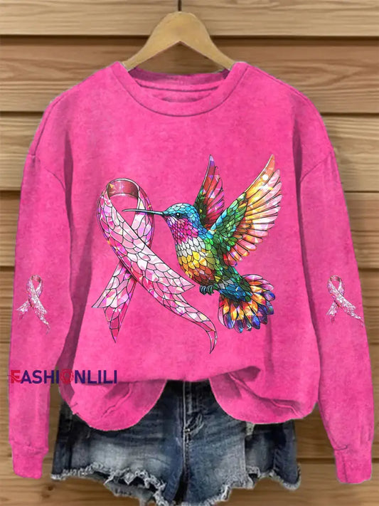 Women’s Breast Cancer Awareness Pink Ribbon Print Sweatshirt Rose Red / S