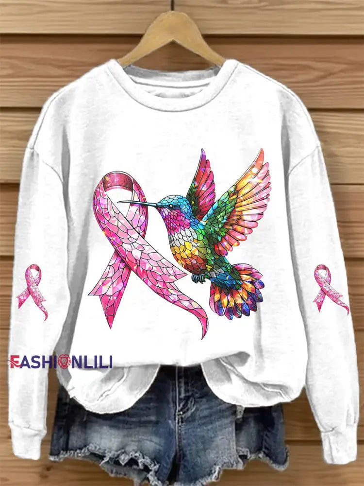 Women’s Breast Cancer Awareness Pink Ribbon Print Sweatshirt White / S