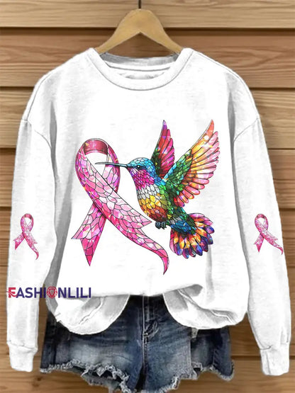 Women’s Breast Cancer Awareness Pink Ribbon Print Sweatshirt White / S
