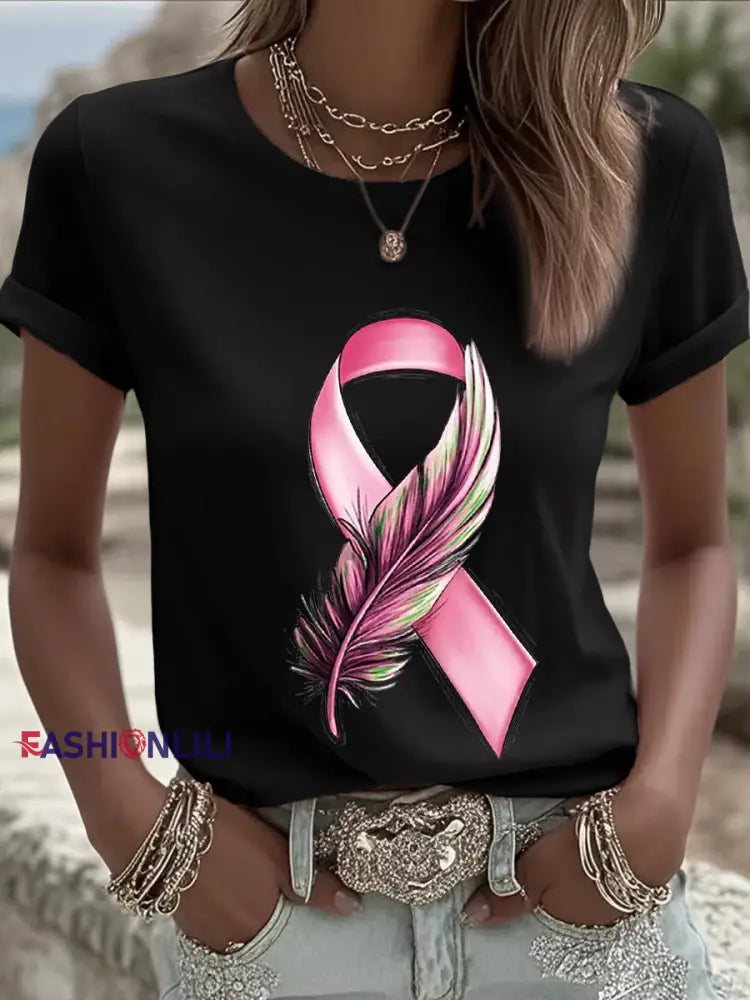 Women’s Breast Cancer Awareness Pink Ribbon Short Sleeve T shirt Black / S