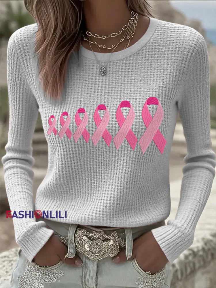Women’s Breast Cancer Awareness Pink Ribbon Tops Light Gray / S
