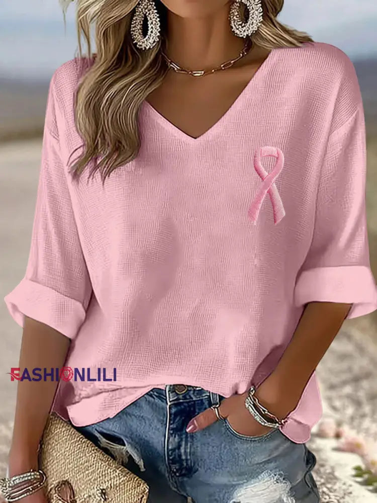 Women’s Breast Cancer Awareness Pink Ribbon V-Neck Tops Pink / S
