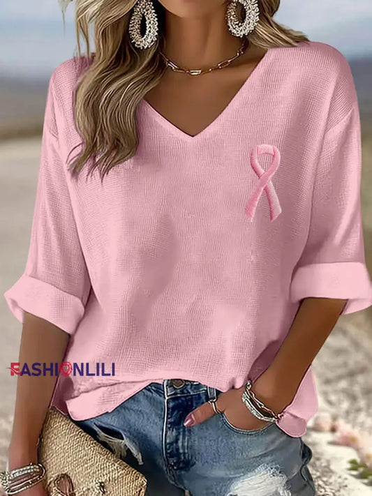 Women’s Breast Cancer Awareness Pink Ribbon V-Neck Tops Pink / S