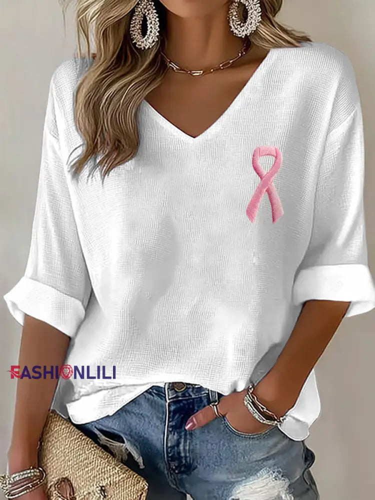 Women’s Breast Cancer Awareness Pink Ribbon V-Neck Tops White / S