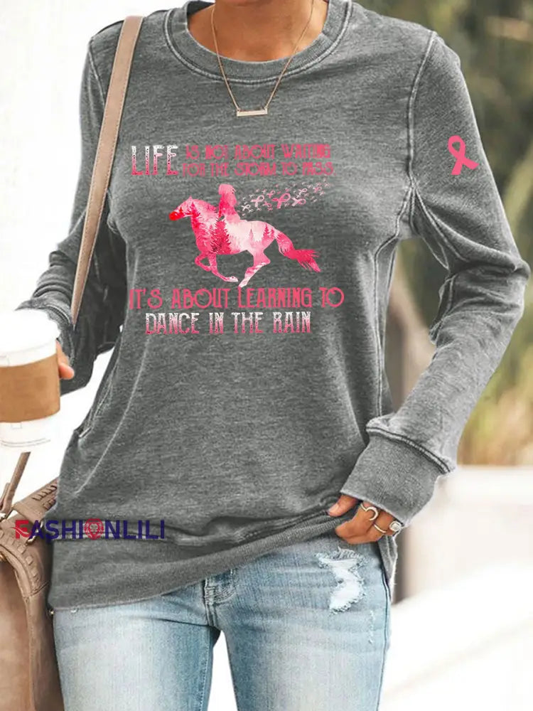 Women’s Breast Cancer Awareness Print Casual Sweatshirt Gray / S