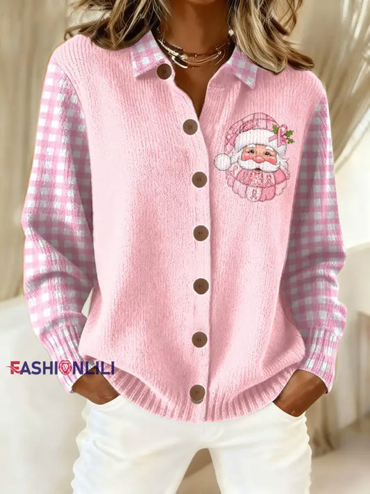Women’s Breast Cancer Awareness Santa Claus Print Cardigan Pink / S