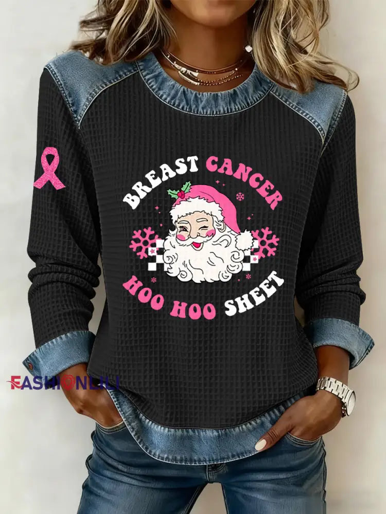 Women’s Breast Cancer Awareness Santa Claus Print Casual Top Black / S
