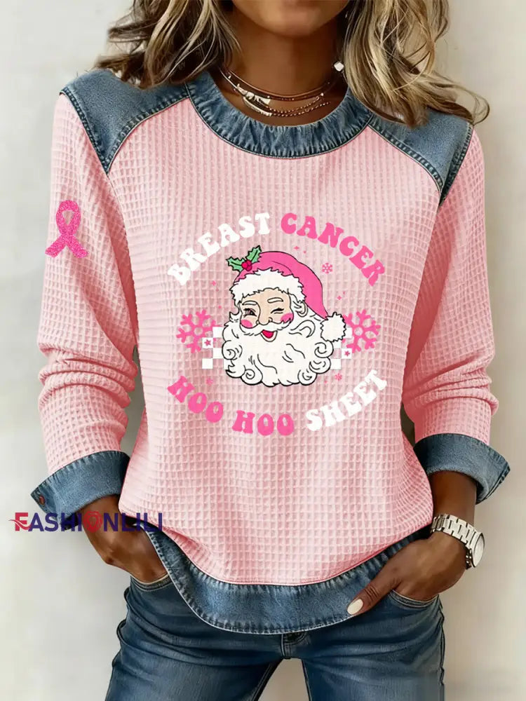 Women’s Breast Cancer Awareness Santa Claus Print Casual Top Pink / S