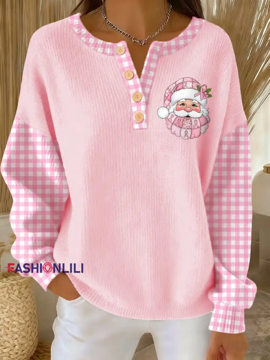 Women’s Breast Cancer Awareness Santa Claus Print Long-sleeve Cardigan Pink / S