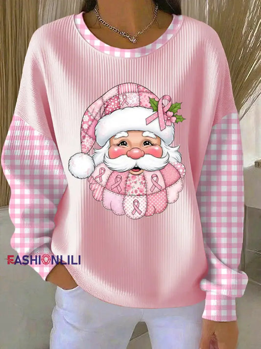 Women’s Breast Cancer Awareness Santa Claus Print Ribbed Round-Neck Sweatshirt Pink / S