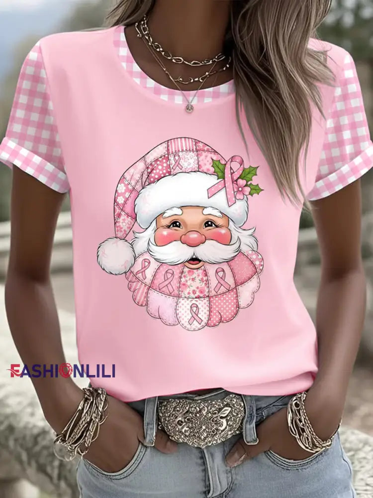 Women’s Breast Cancer Awareness Santa Claus Print Short Sleeve T-shirt Pink / S