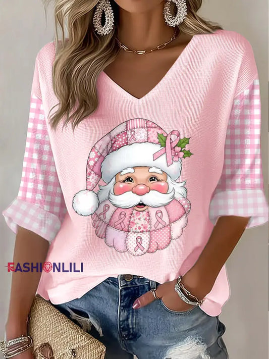Women’s Breast Cancer Awareness Santa Claus Print Waffle T-shirt Pink / S