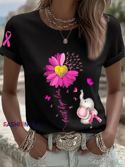 Women’s Breast Cancer Awareness Sunflower Pink Ribbon Short Sleeve T shirt Black / S