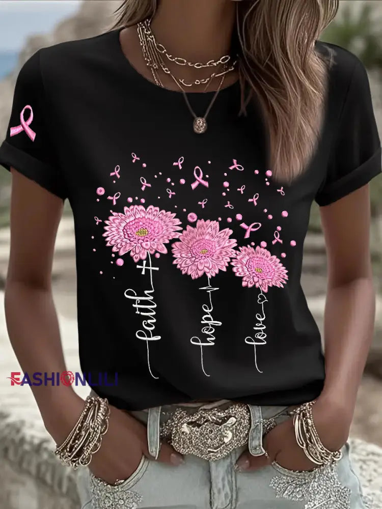 Women’s Breast Cancer Awareness Sunflower Pink Ribbon Short Sleeve T shirt Black / S