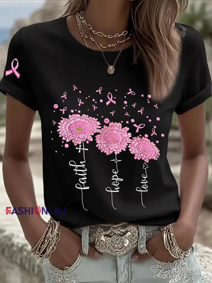 Women’s Breast Cancer Awareness Sunflower Pink Ribbon Short Sleeve T shirt Black / S