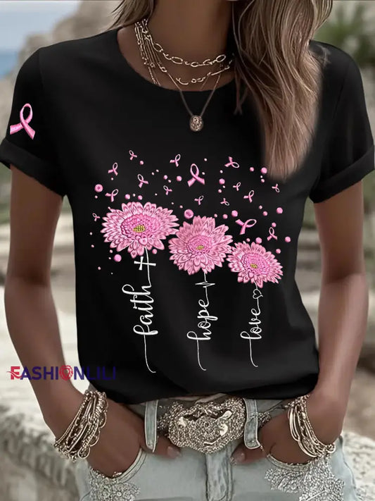 Women’s Breast Cancer Awareness Sunflower Pink Ribbon Short Sleeve T shirt Black / S