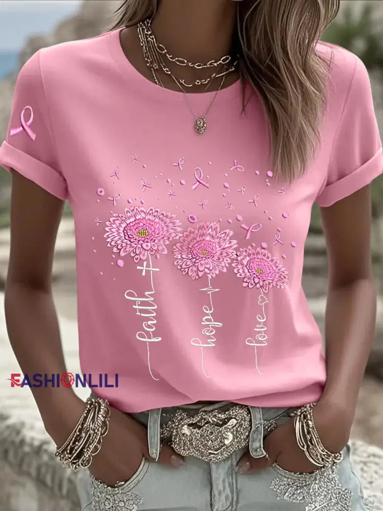 Women’s Breast Cancer Awareness Sunflower Pink Ribbon Short Sleeve T shirt Pink / S