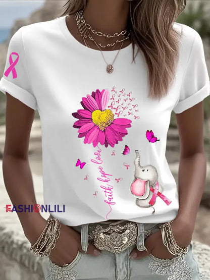 Women’s Breast Cancer Awareness Sunflower Pink Ribbon Short Sleeve T shirt White / S