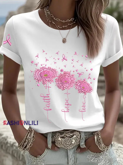 Women’s Breast Cancer Awareness Sunflower Pink Ribbon Short Sleeve T shirt White / S