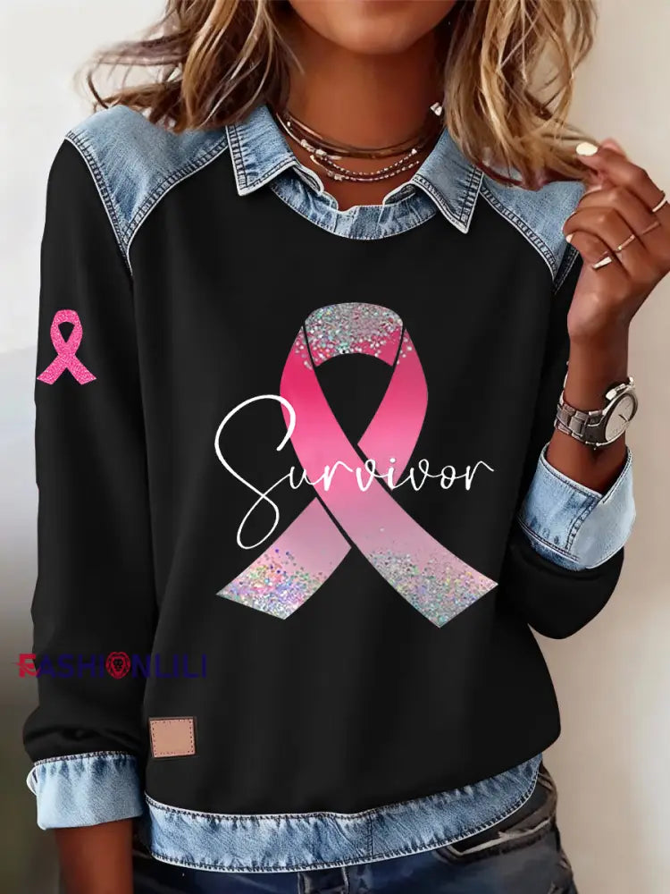 Women’s Breast Cancer Awareness Survivor Pink Ribbon Casual Top Black / S